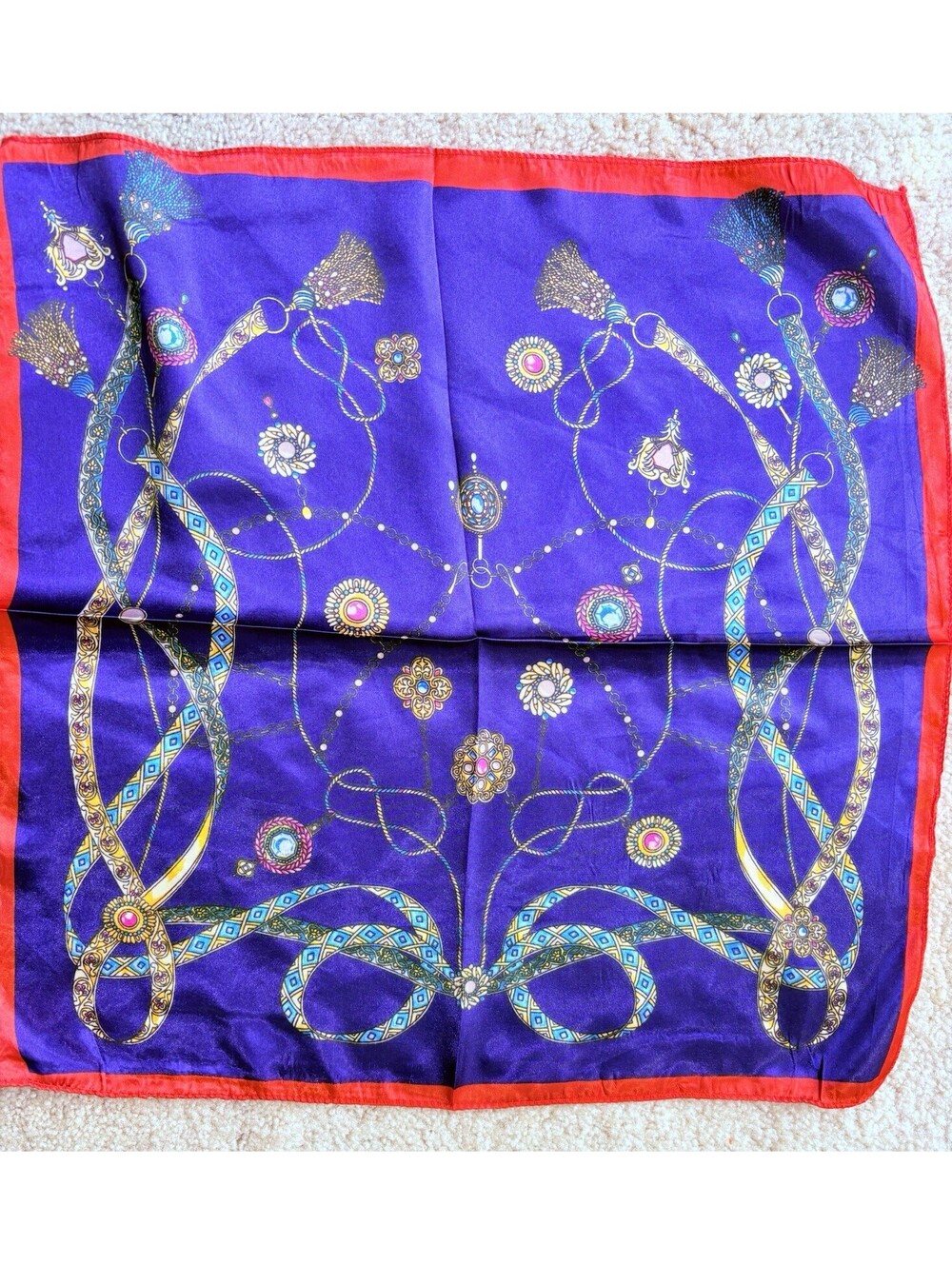 Women's Square Scarf Purple Geometric Print Red Border Multicolor